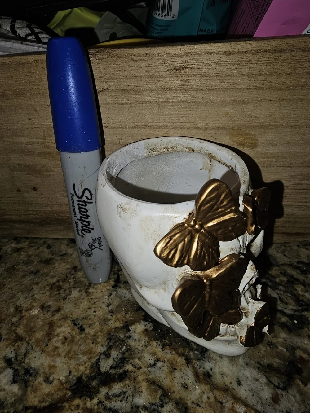White Ceramic Skull Vase with Gold Butterflies